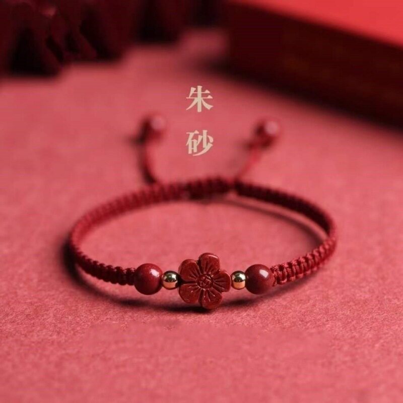四叶草小红花朱砂红绳手链女款本命年编织手绳男生送礼物批发