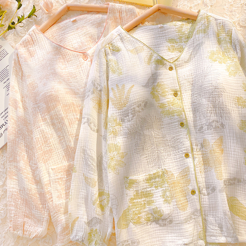 带胸垫春秋季睡衣女纯棉纱布外穿