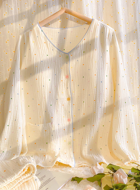 带胸垫睡衣女棉纱春秋季家居服纯棉防凸点可外穿双层纱布长袖套装