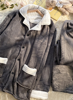 法兰绒睡衣男士加厚简约黑色珊瑚绒家居服秋冬季新款可外穿情侣款