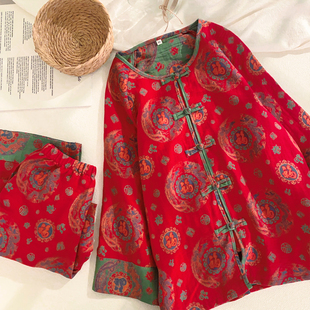 新中式睡衣女纯棉纱布家居服春秋季国风本命年红色马年九分裤套装