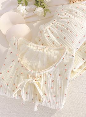 纯棉纱布A类带胸垫睡衣女双层纱春秋长袖套装防凸点家居服可外穿