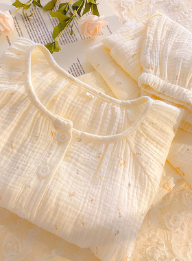 日系睡衣女款棉纱学生春秋季家居服纯棉纱布小兔碎花胖MM大码套装