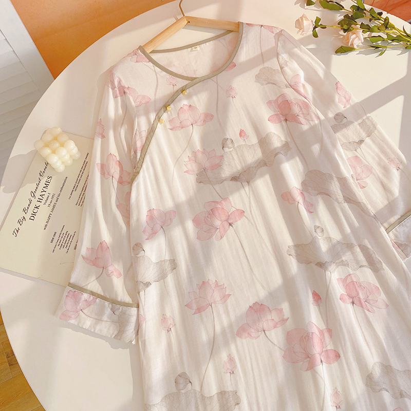 国风荷叶棉麻材质睡裙套装睡衣女