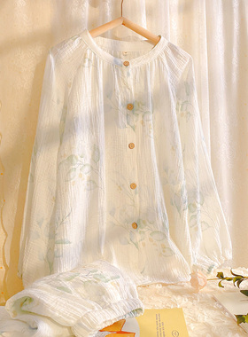 春秋季纱布睡衣女士纯棉高级感长袖套装可外穿双层棉纱家居服宽松