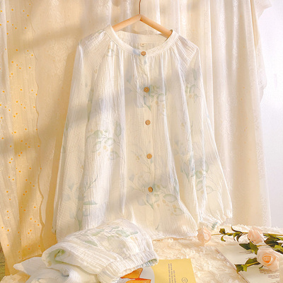 高级感圆领睡衣纯棉纱布长袖长裤