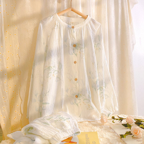 高级感圆领睡衣纯棉纱布长袖长裤