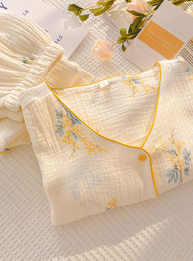 全棉纱布睡衣女带胸垫春秋家居服纯棉长袖双层棉纱甜美夏天可外穿