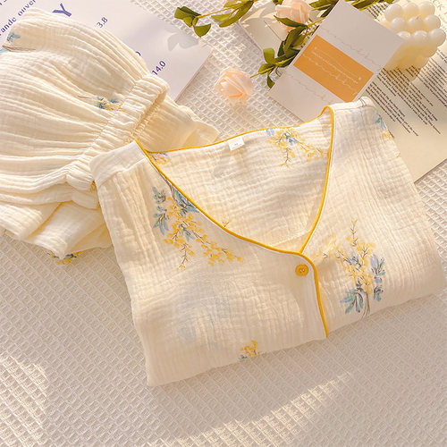 防凸点睡衣女泡泡棉纱长袖带胸垫