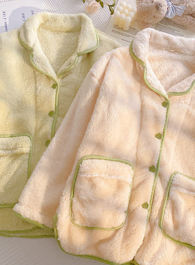 法兰绒睡衣女秋冬季保暖加厚珊瑚绒家居服宽松大码绿色可外穿套装