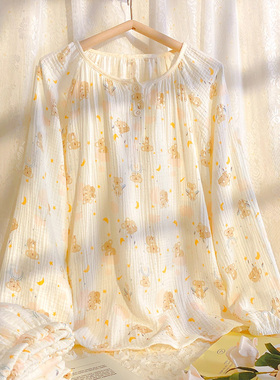 春秋季泡泡棉纱睡衣女学生宿舍可外穿圆领家居服纯棉纱布可爱长袖