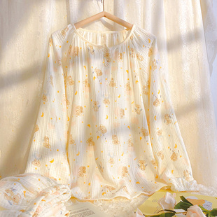 春秋季泡泡棉纱睡衣女学生宿舍可外穿圆领家居服纯棉纱布可爱长袖