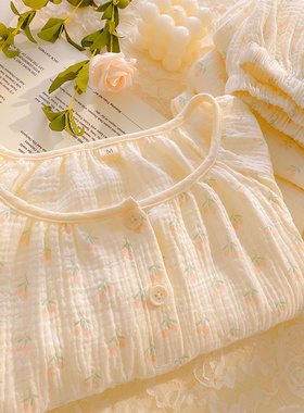 圆领棉纱睡衣女款春秋纯棉长袖套装小碎花甜美双层纱布宽松家居服