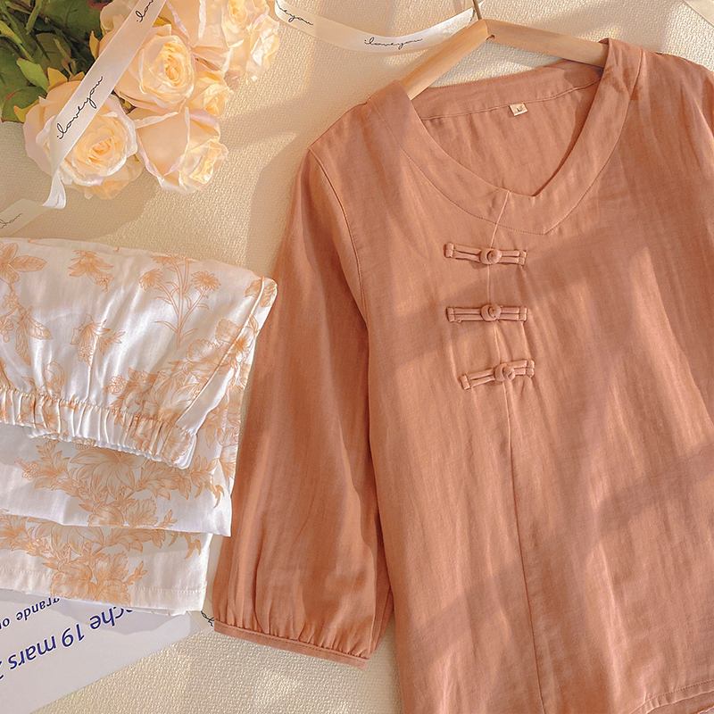夏天睡衣女款纯棉纱布七分袖九分裤家居服中式国风可外穿棉麻套装