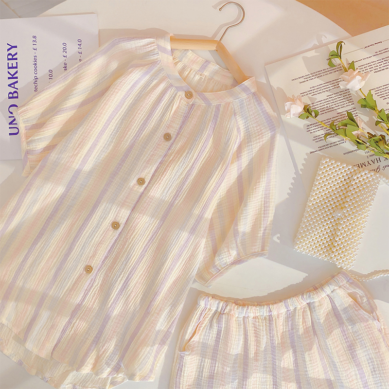 莫兰迪条纹睡衣女泡泡棉圆领套装