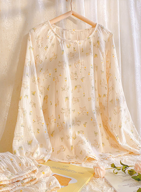 纯棉纱布睡衣女款长袖春秋季田园风家居服大码泡泡棉纱可外穿套装