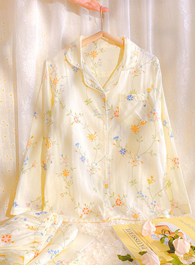 纱布睡衣女款纯棉春秋季长袖长裤家居服透气开衫双层纱套装可外穿