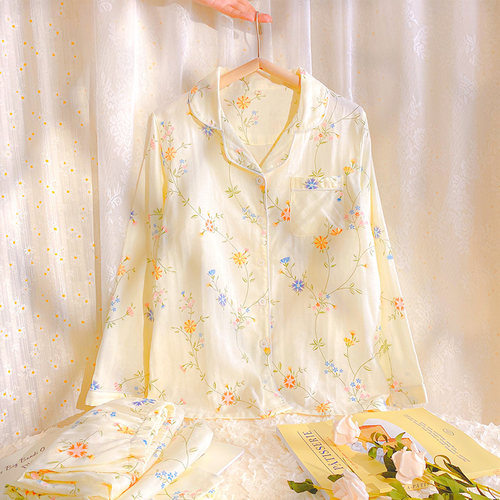 纯棉纱布家居服女春秋款长袖柔软