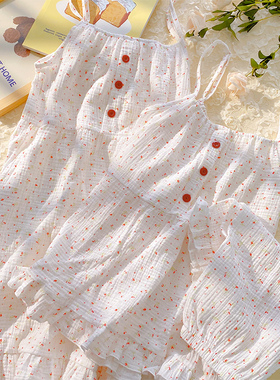 双层纱布睡衣女款夏季纯棉吊带短裤两件套甜美睡裙棉纱家居服套装