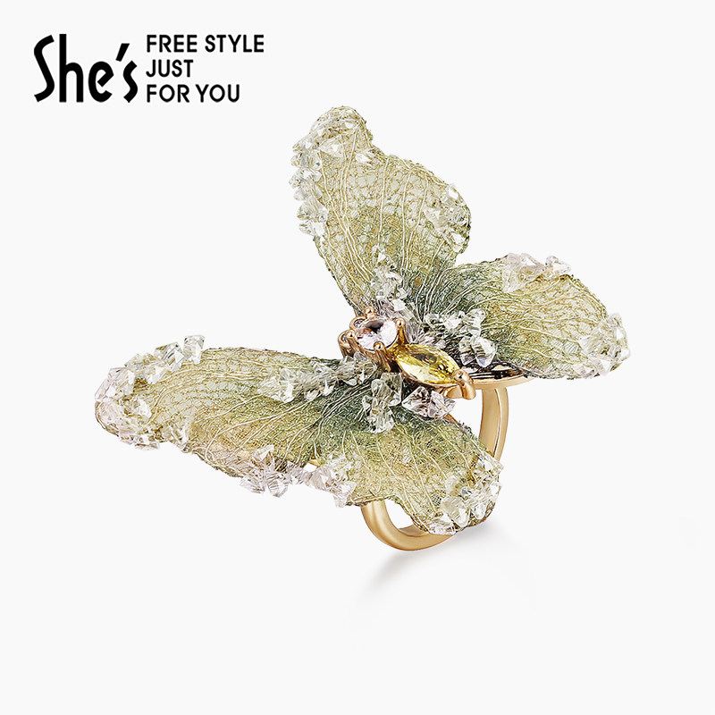 shes茜子莫奈印象轻奢原创刺绣蝴蝶戒指女小众设计感开口指环手饰