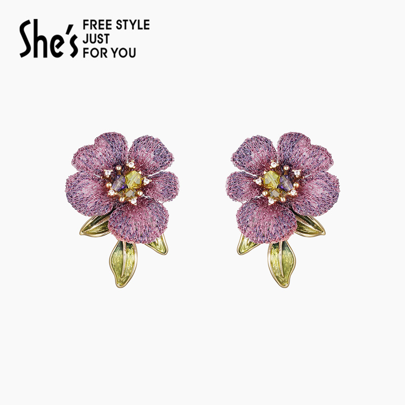 shes茜子卢梭假日刺绣花朵耳环925银针耳钉轻奢小众设计感耳饰女