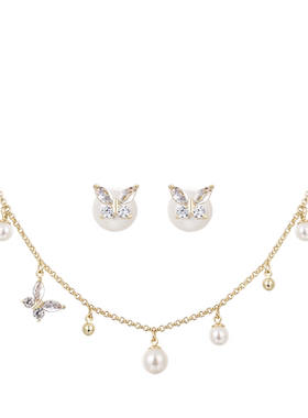 shes茜子巴比耶小众工艺珍珠蝴蝶项链925银针耳钉套装生日礼物