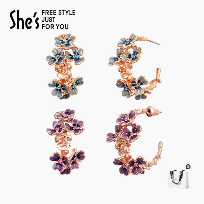 shes茜子原创梵高鸢尾花朵耳环手工滴油气质耳坠耳钉精致耳饰品