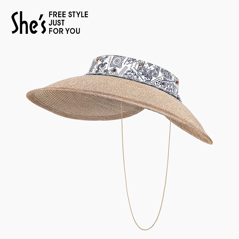 shes茜子植物印花编织拼接空顶帽