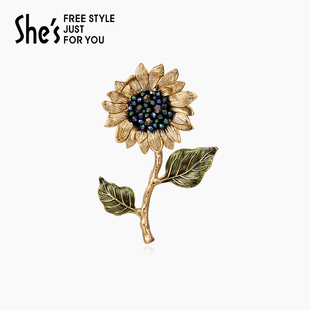 shes茜子梵高向日葵原创手工钉珠水晶胸针高端精致时尚胸花礼物