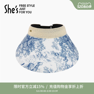 shes茜子植物印花空顶帽女防晒遮阳帽大檐出游太阳帽可折叠帽子