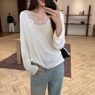 女A32035 DIGM 2025秋季 极简慵懒风蕾丝羊绒桑蚕丝打底衫 针织衫