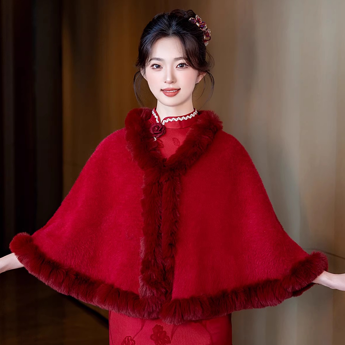 新娘旗袍毛披肩外搭斗篷开衫外套