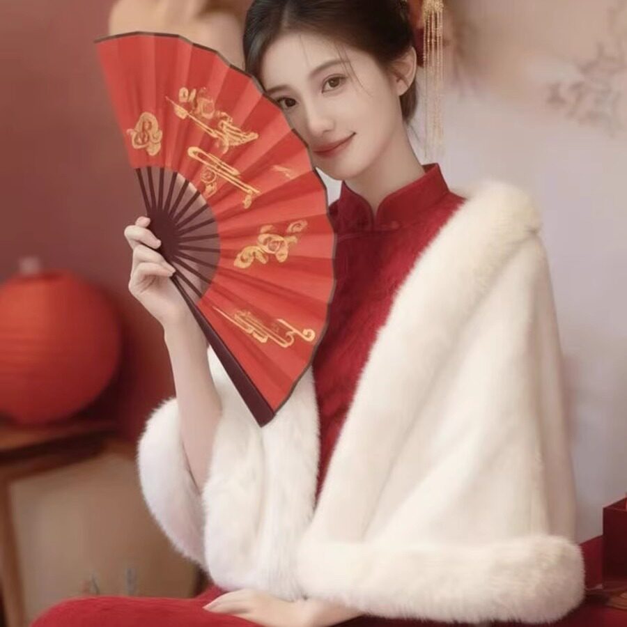 新中式毛绒披肩新娘结婚礼服保暖