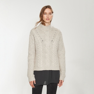 100欧元 德国高级女装 厚 粗毛线扭花织高立领长袖套头针织羊毛衫