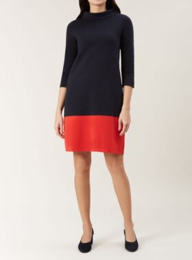 英国轻奢HBS 半高烟囱领 拼色七分袖 针织连衣裙 简约显瘦有气质