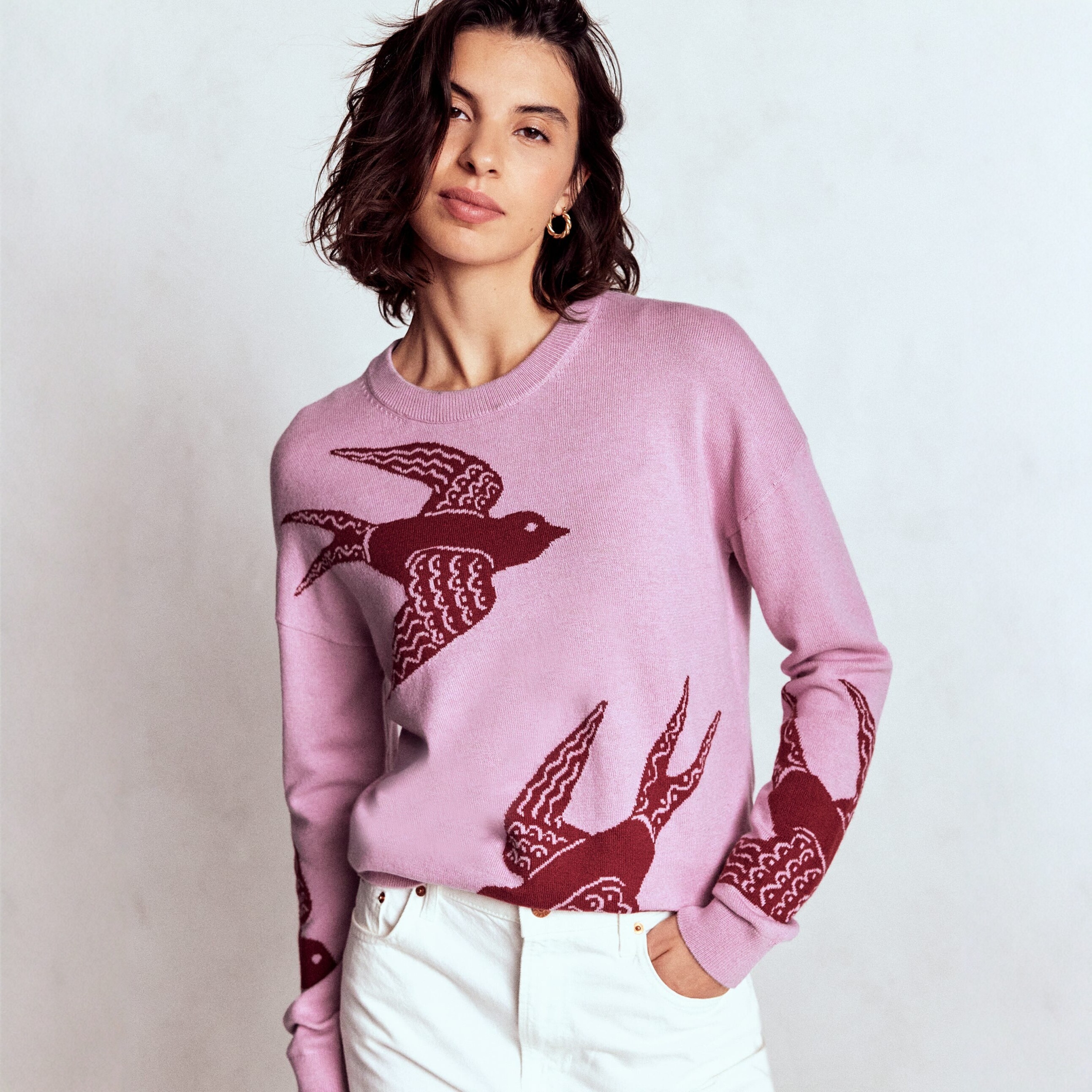 面料控必看 英国BD 提花 viscose棉羊毛羊绒圆领长袖套头针织衫女