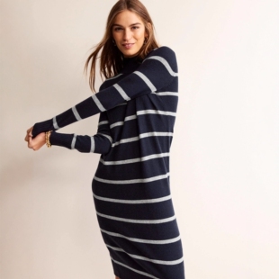 英国轻奢BD 舒适viscose羊毛棉羊绒面料条纹立领长袖针织连衣长裙