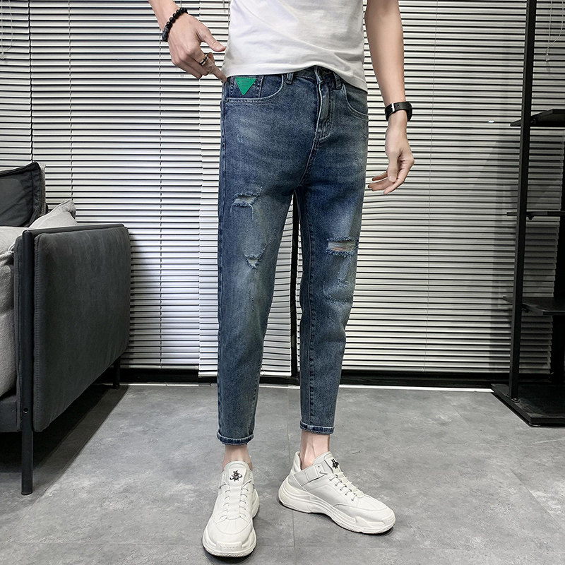 九分裤男士2025春夏季新款ins个性潮牌修身小脚破洞牛仔裤909P65,男装牛仔裤,星座1102