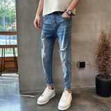 2025春季社会小伙九分牛仔裤男潮牌破洞复古修身弹力小脚909P65，男装牛仔裤，星座1102