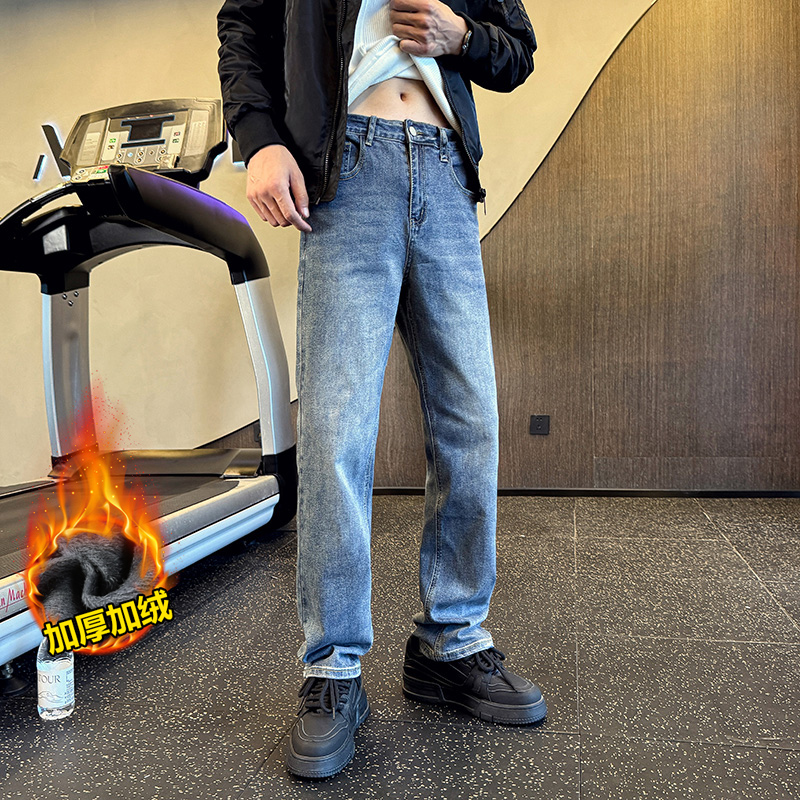 加绒加厚美式弹力微宽松窄版直筒简约百搭牛仔裤男183P65加绒P75，男装牛仔裤，星座1102