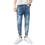 2025春季社会小伙九分牛仔裤男潮牌破洞复古修身弹力小脚909P65，男装牛仔裤，星座1102