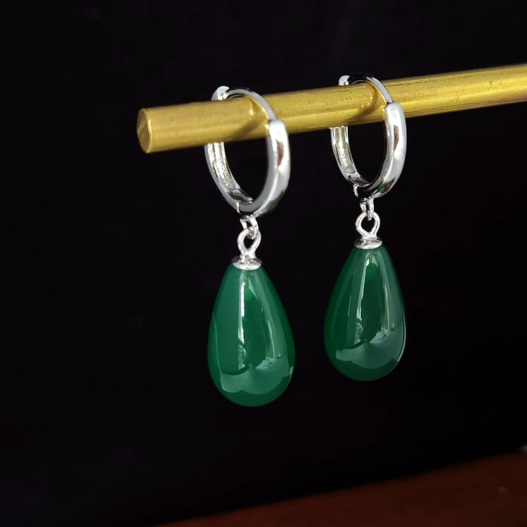 925纯银绿色玉髓水滴形耳环
