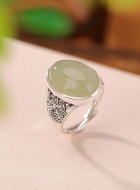 925纯银天然和田玉晴水玉复古做旧花丝如意花朵镂空蛋面银戒指