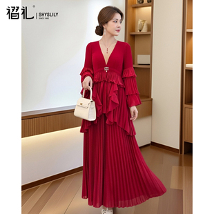 优雅减龄洋气妈妈衣服红色套装女春新款三宅宽松大码褶皱阔腿裤子