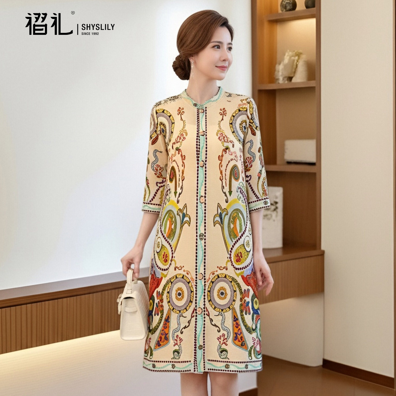 三宅褶皱弹簧裙法式印花妈妈连衣裙春季新款黄色宽松大码衣服裙子