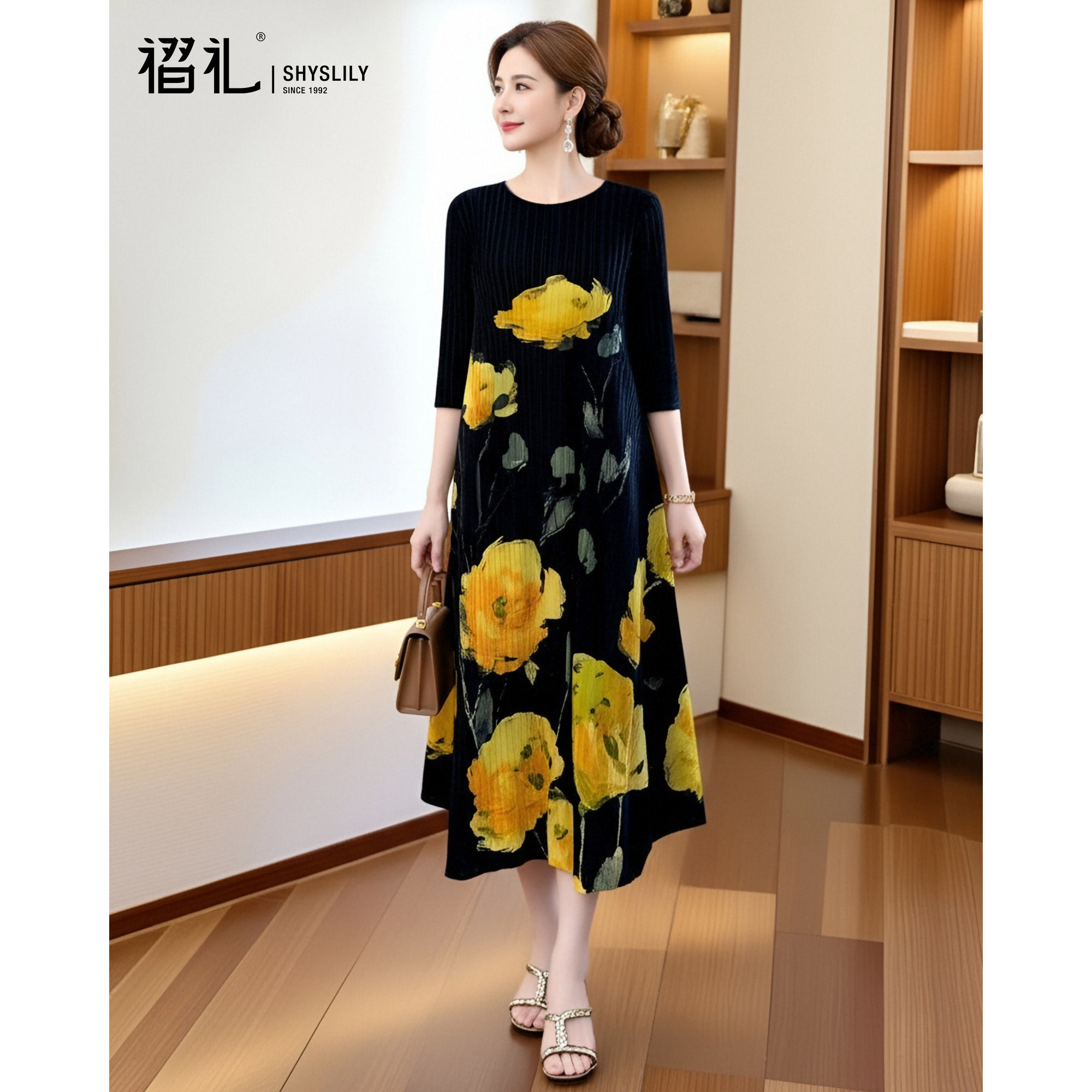 三宅褶皱印花裙子女春季2026新款长裙气质黑色连衣裙宽松妈妈春装