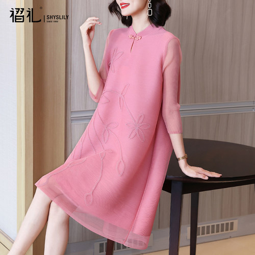 高端妈妈连衣裙春季粉色网纱裙