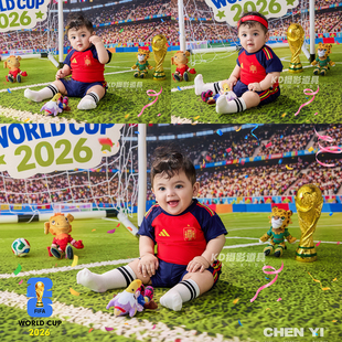 2026世界杯宝宝百天拍照足球主题西班牙队服装婴儿百日照摄影道具