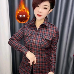 复古格纹印花设计时尚加绒保暖衬衫女士秋冬新款双兜别致显瘦衬衣