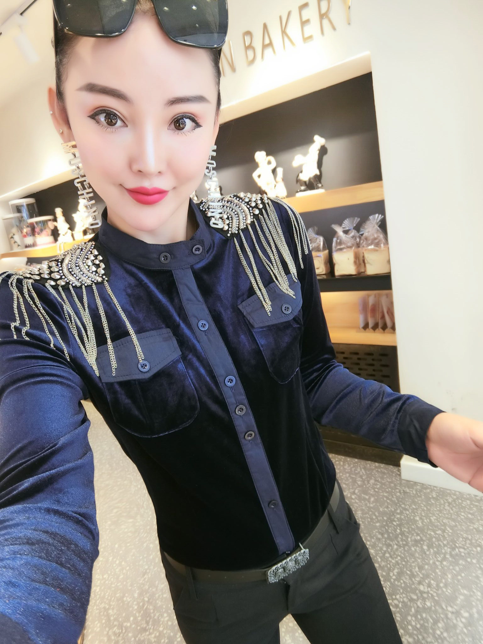 重工肩章衬衫女长袖立领丝绒瘦身打底衫百搭秋冬季新款拼接衬衣潮